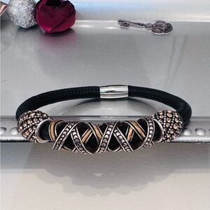 Brighton Crossings Black Leather magnetic Bracelet with Two Toned Charms